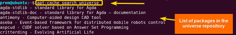 this command is verifying if the universe repository is added to the system by showing the available packages under universe repo.