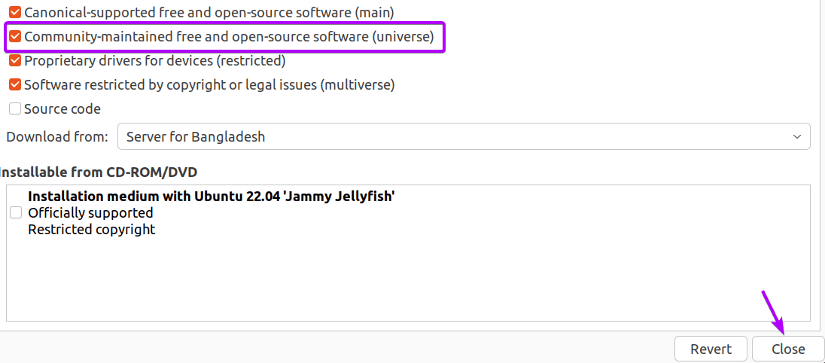 pressing close to update and enable universe repo