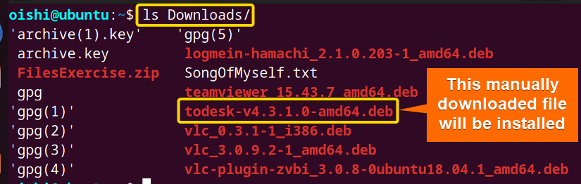 Showing the manually downloaded file which I want to install