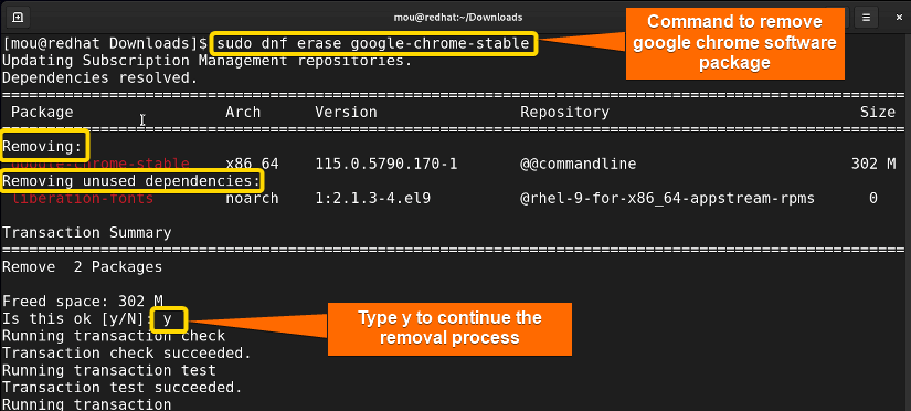 uninstalling google chrome package with dnf command