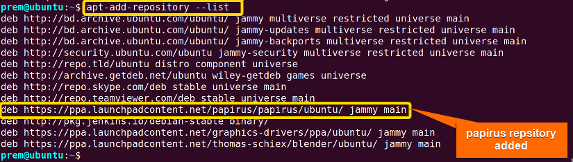 after adding the ppa repository and updating the system, the configured ppa repository is shown using this command with list option