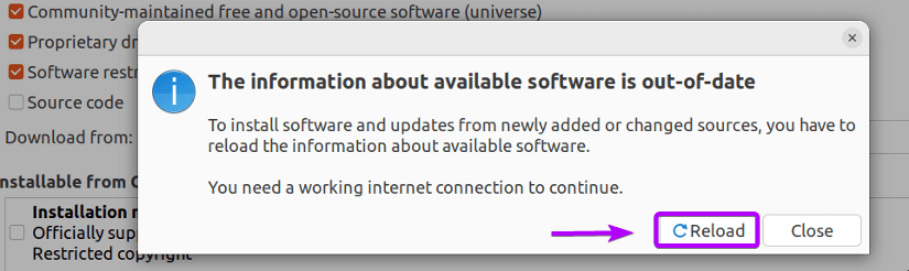 click on the reload button to finally enable universe repository