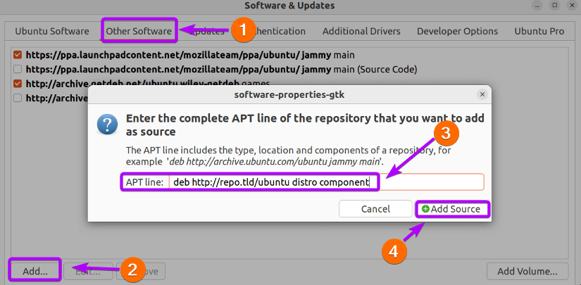 the repository url is added in the apt line segment 
