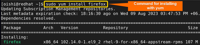 Install a package firefox with yum