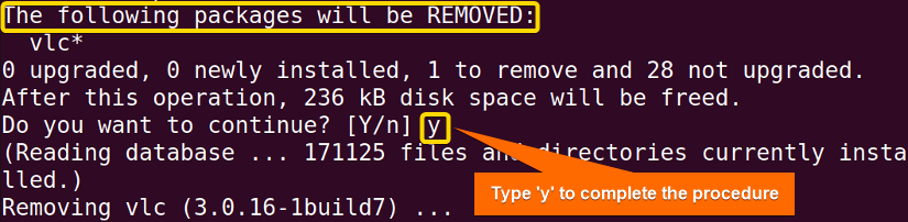 typing y to give the permission to complete the process
