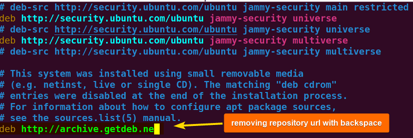 using backspace to remove apt repository url
