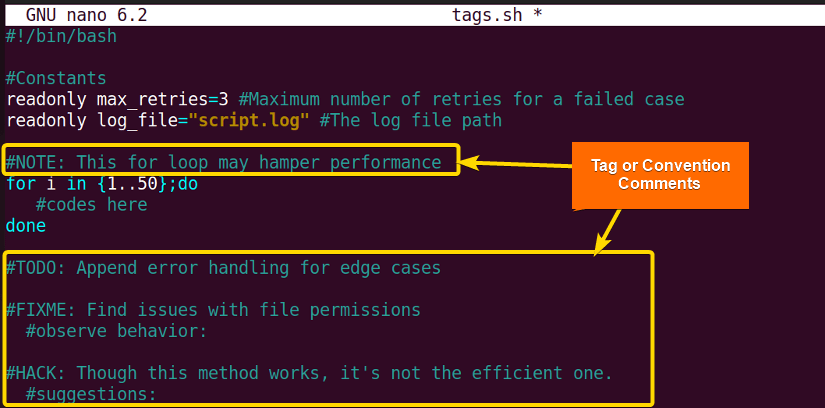 Adding tags or conventions as comments