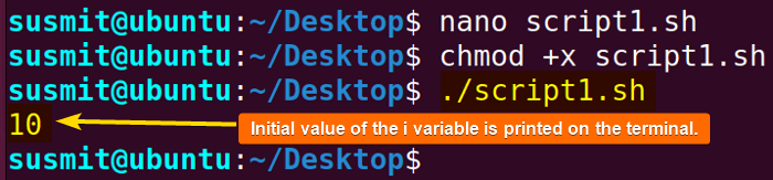 The initial value of that variable, 10, is printed first, and then the value is decreased.