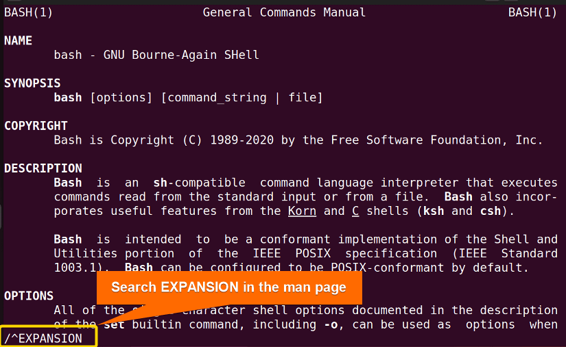 man page of Bash shell expansion