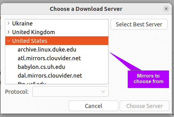 the dialogue box of ubuntu repository mirrors 