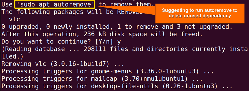 suggesting to run autoremove argument to delete unused dependency