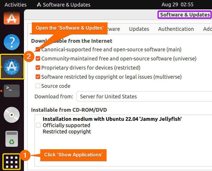 opening software updates by clicking 'show applications' 