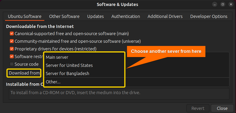 Mirror server is selected from the list to resolve the error.