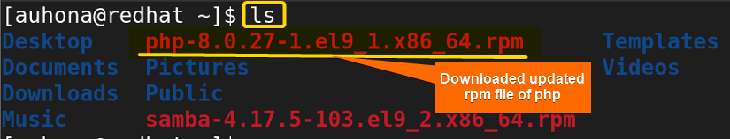 shows the downloaded version of PHP using ls command 