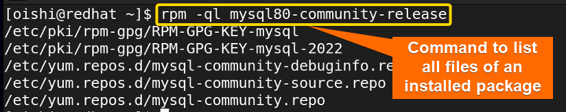 List of all files of an installed package with rpm