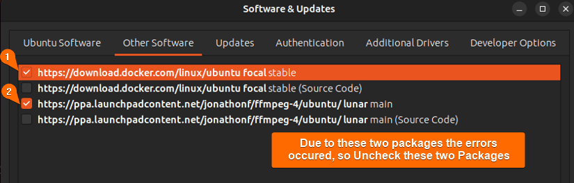 From the 'Other Software' option, uncheck the repositories mentioned in the error.