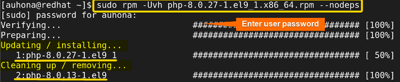 Updates the RPM package 'PHP' to the latest downloaded version. 