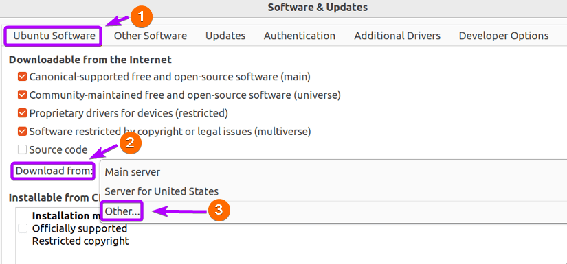going to other for listing the ubuntu repository mirrors