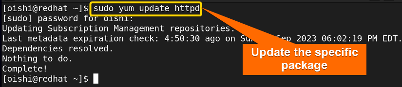 Update a specific package with yum