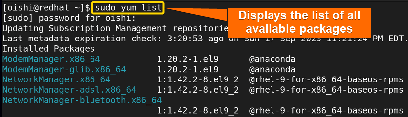 Showing list of all packages with yum