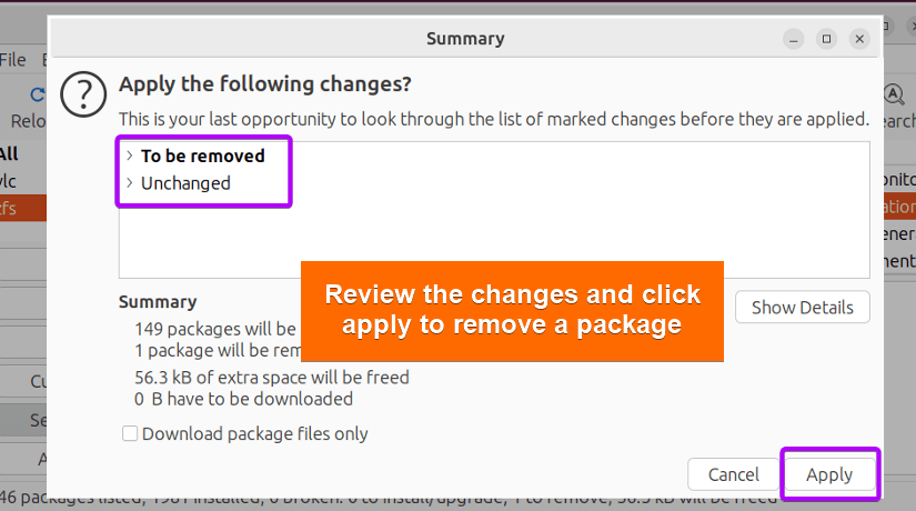 Remove a package after applying on synaptic