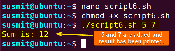 The addition of two bash variables is calculated with the help of the command line argument.