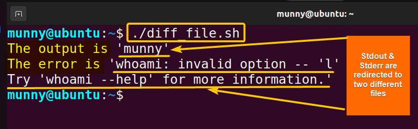Redirect stdout & stderr to different file in bash