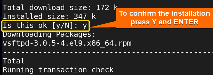 Confirming the installation with y