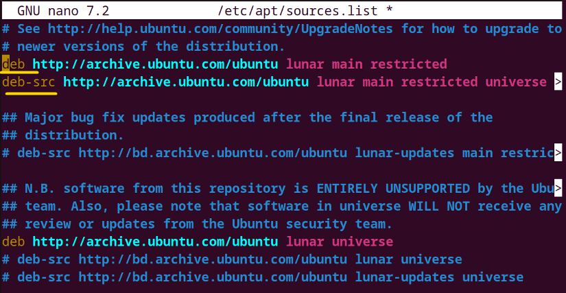 shows the file content of sources.list file.