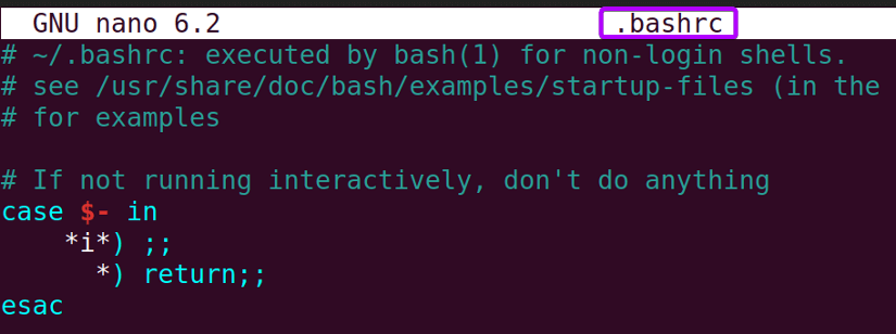 the bash configuration file opened via nano 