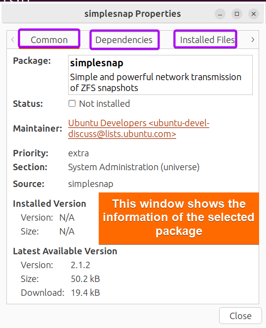 Showing information of the packages with synaptic