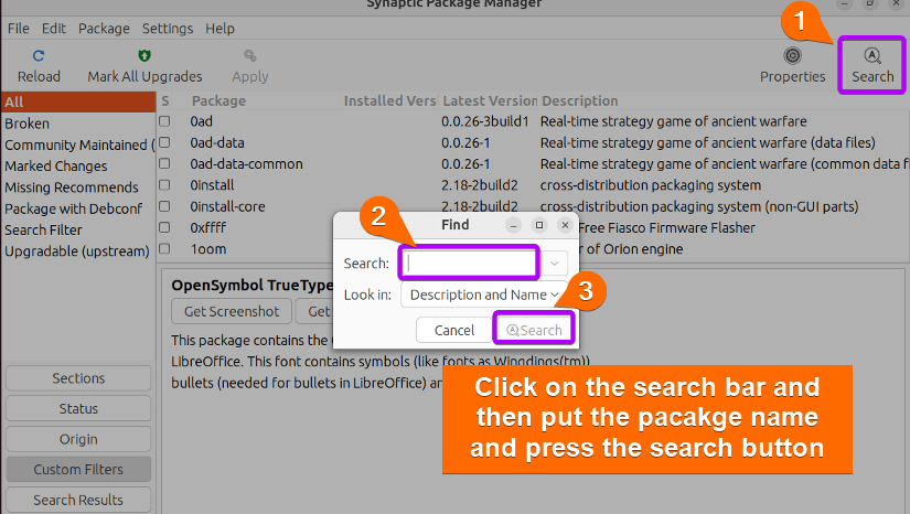 Search for a package with synaptic