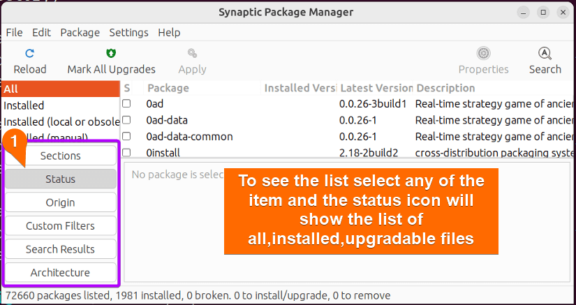 Selecting the status bar with synaptic