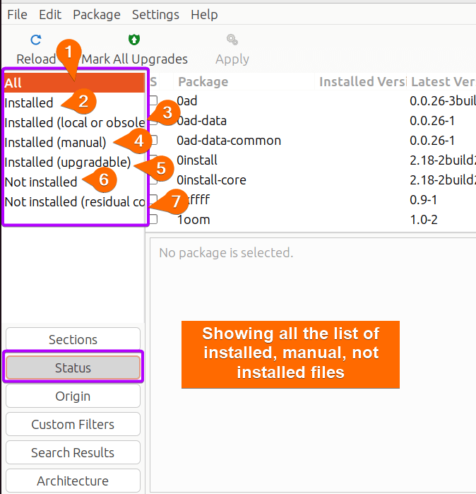 List of all packages with synaptic