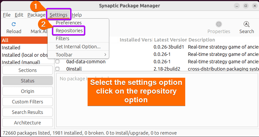 Press on the repository with synaptic