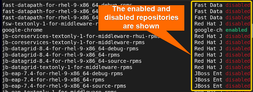 Showing the enabled and disabled package list with yum
