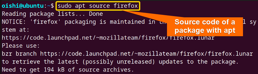 Source code for a package with apt package manager