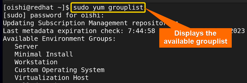 Displays grouplist with yum