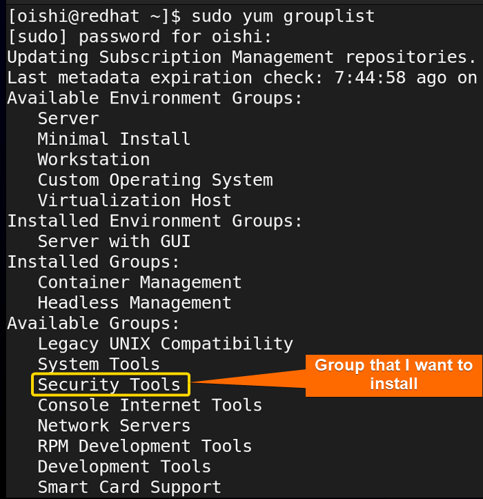 Showing which group install with yum