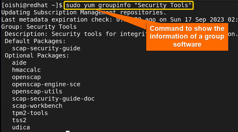 Info of a group of software package with yum
