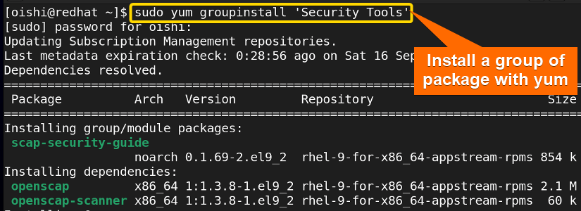 Install a group of packages with yum