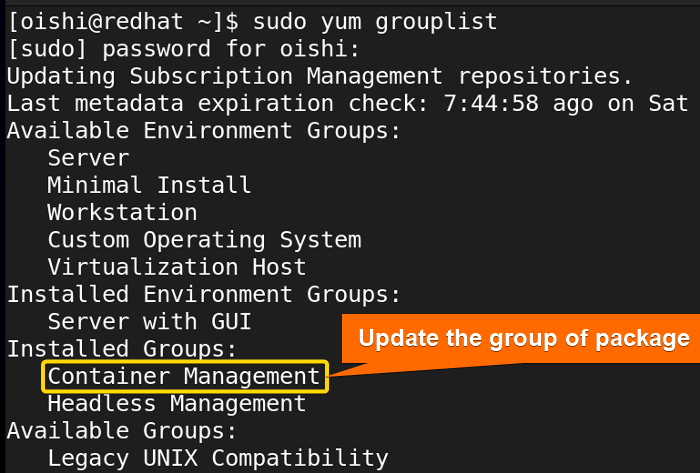 Update the group of packages with yum
