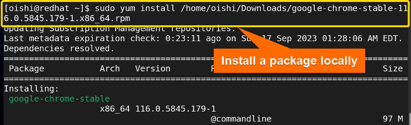 Install a package locally with yum package manager 
