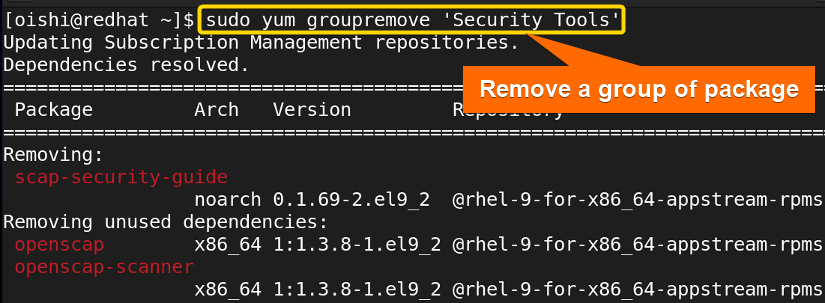 Remove a group of packages with yum