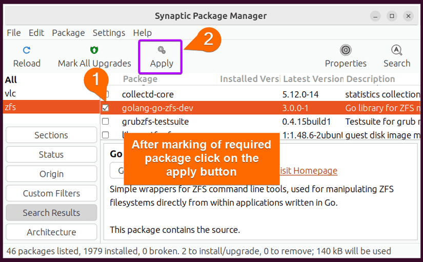 Press apply button to confirm installation with synaptic