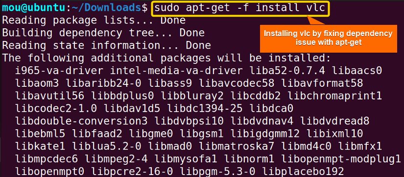 installing vlc by fixing dependency with apt-get