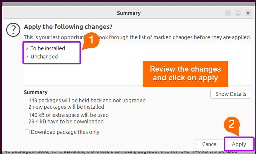 Click apply to install the package with synaptic