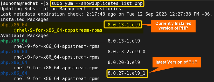 Shows the available update versions of PHP