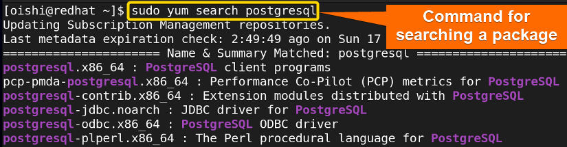 Search for a package with yum package manager