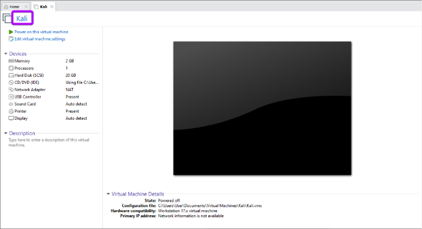 The newly created virtual machine on VMware.